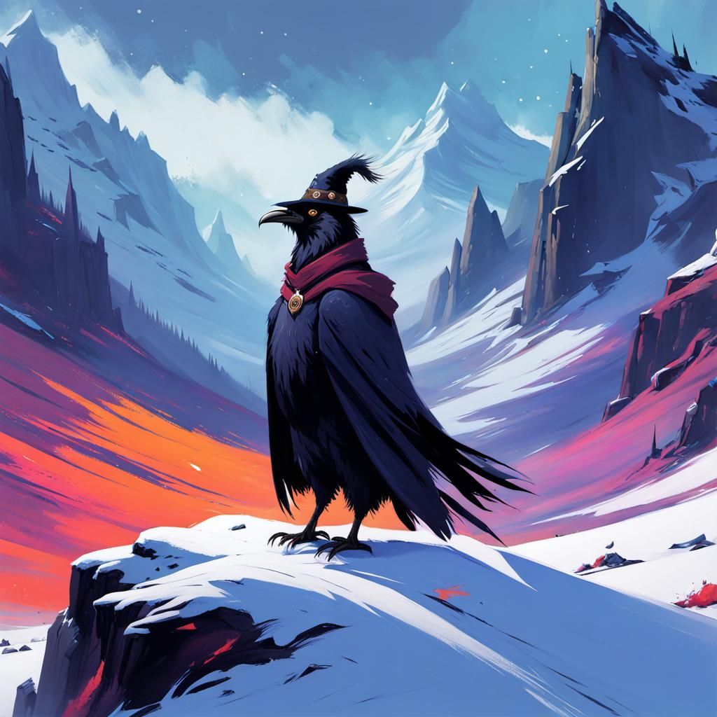 Raven Wizard in Snowy Highlands: Gouache Painting