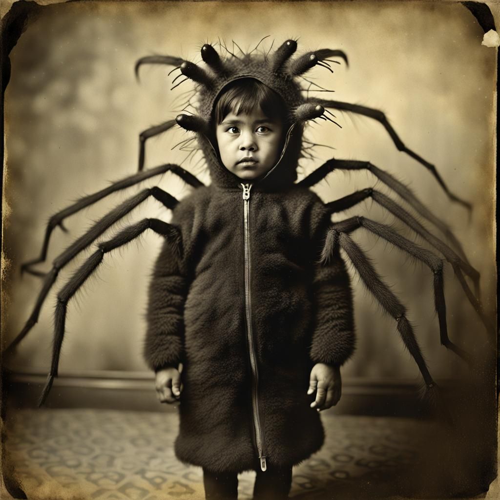 Vintage Photo of Girl in Demon Costume Holding Spiders