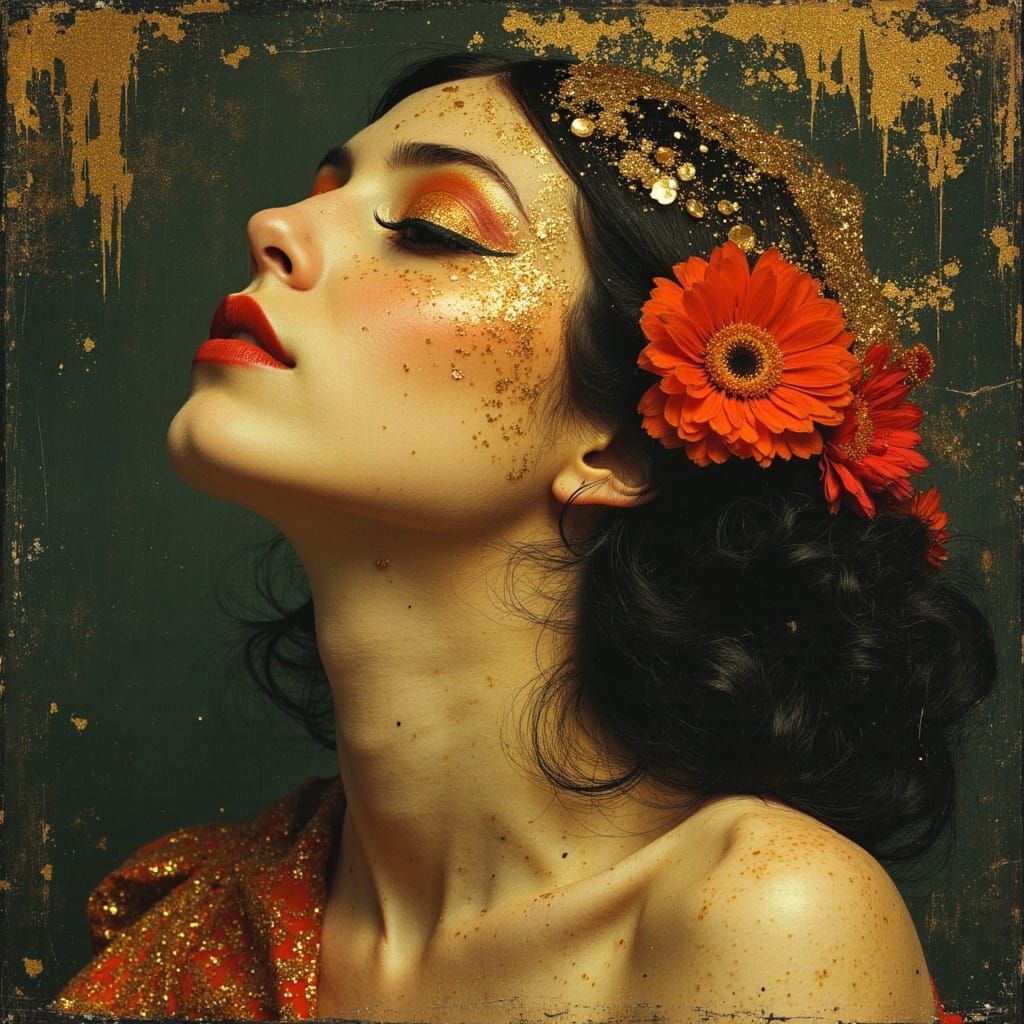 Burlesque Acrobat Portrait with Flowers and Gold