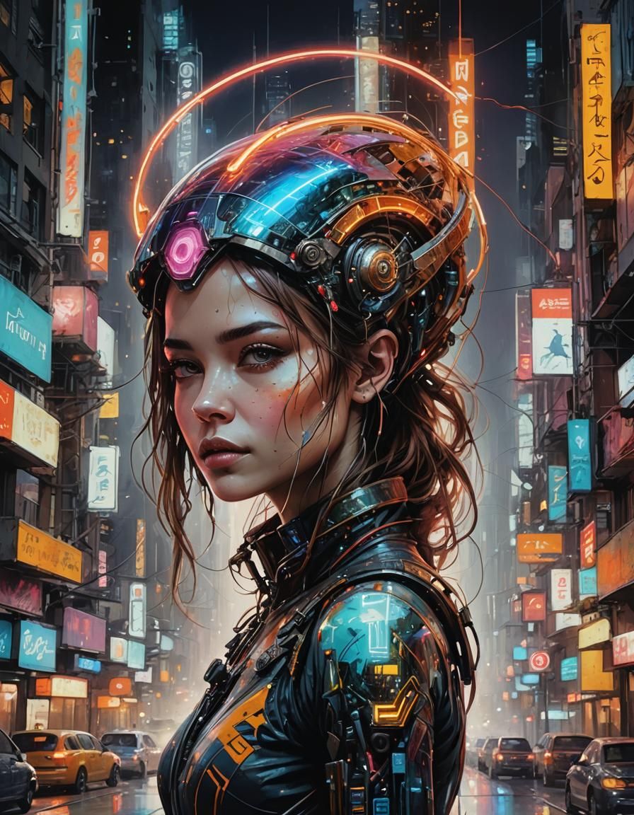 Neon Alien Girl in Futuristic Cityscape Art
