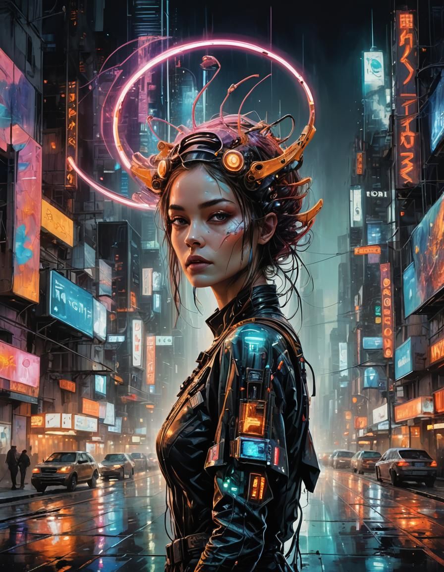 Neon Alien Girl in Futuristic Cityscape
