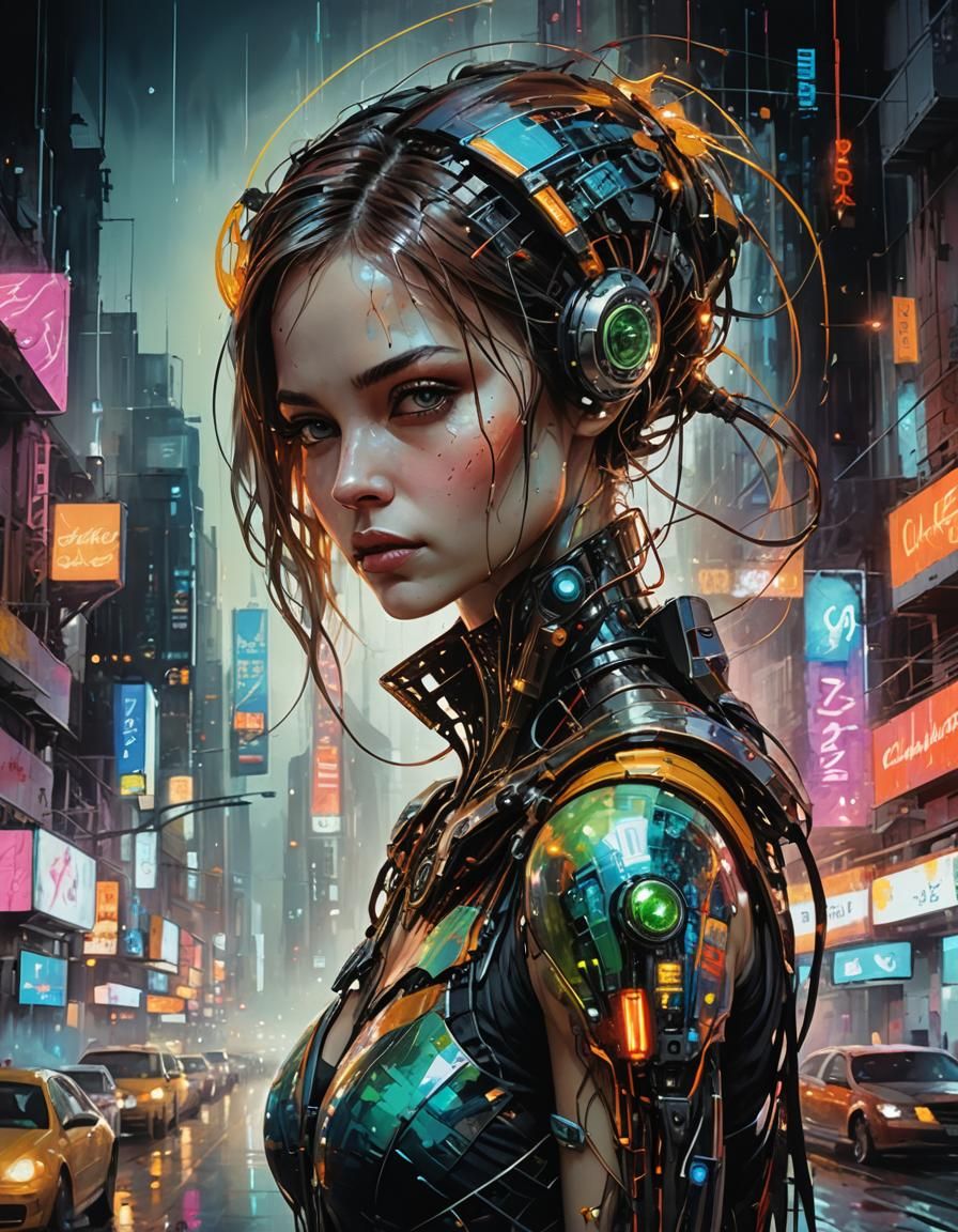 Neon Alien Girl in Futuristic Cityscape