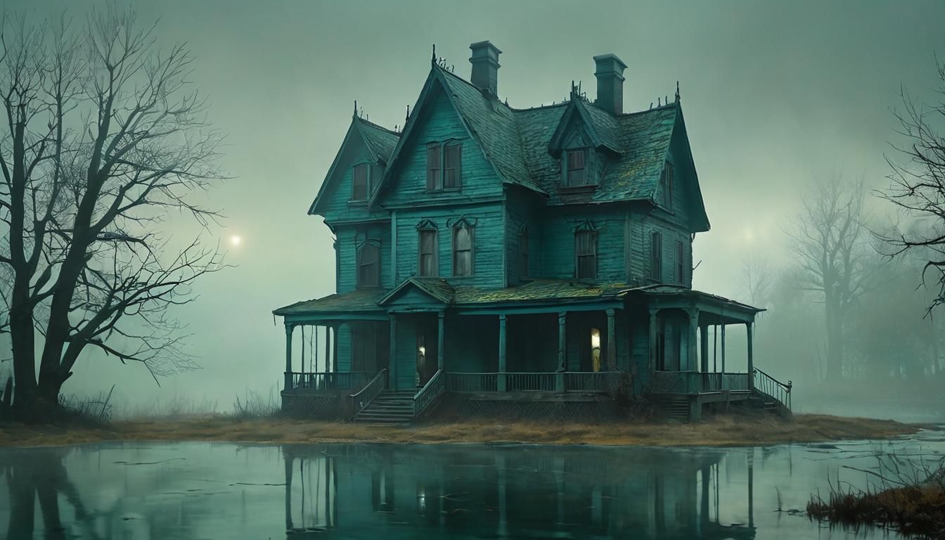 Eerie Haunted House by Misty Lake in Teal