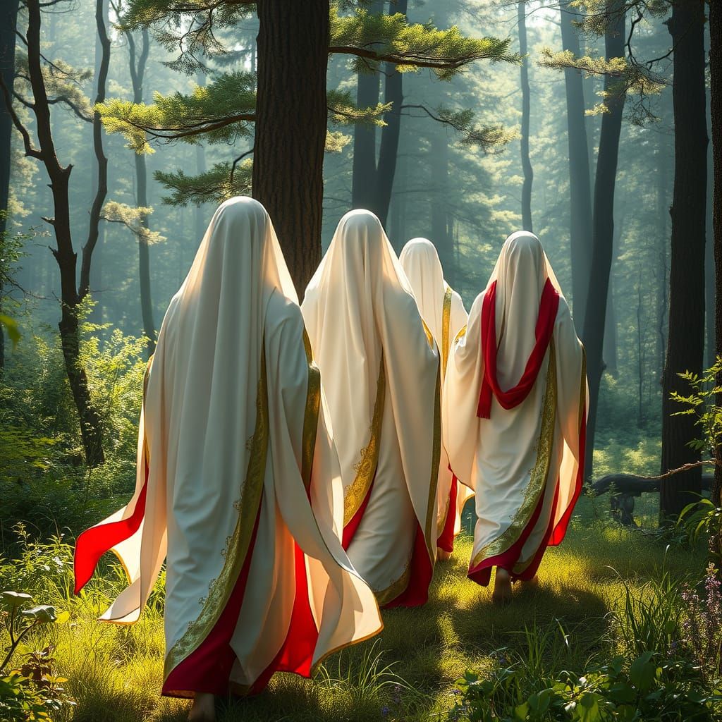 Holy Women Walking in Forest in Stylized Landscape