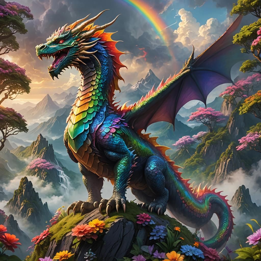 Majestic Rainbow Dragon on Misty Mountain Peak