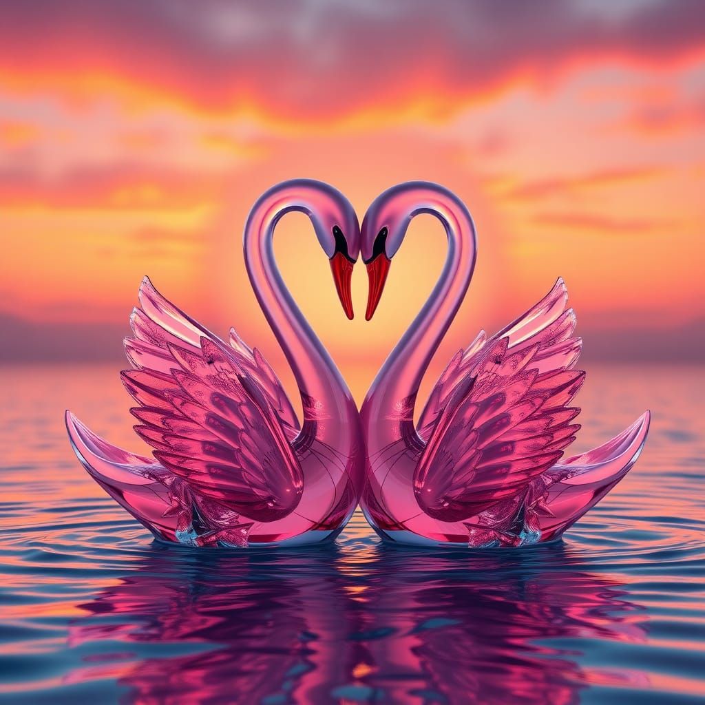 Elegant Pink Glass Swans at Sunset in Lushill Style