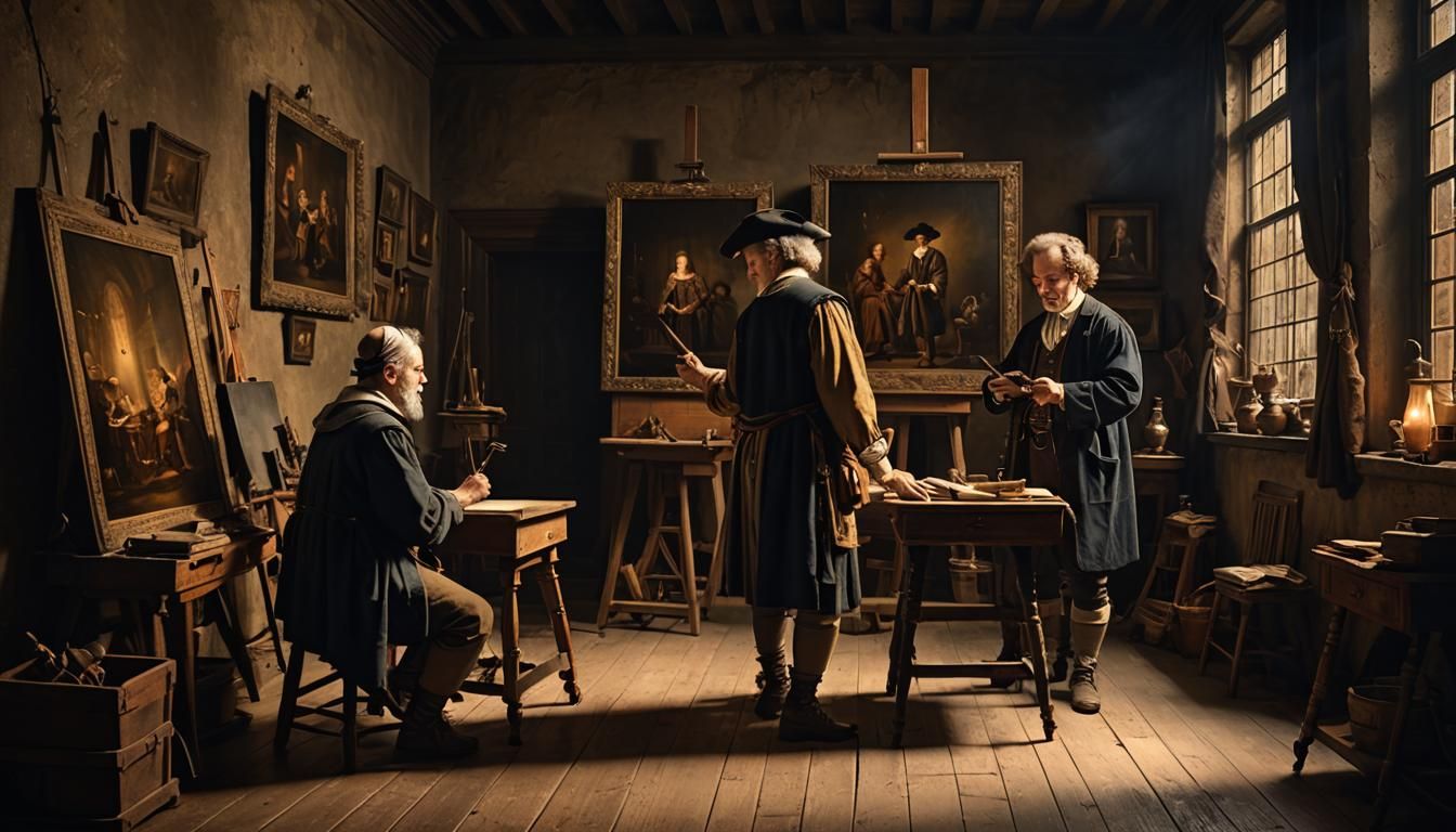 Master Educating His Apprentice in a Historic Studio, High D...