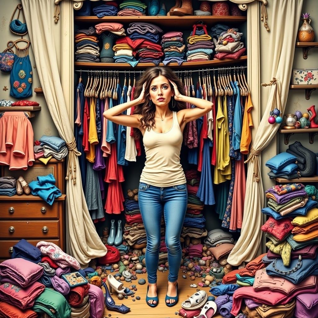 Overwhelmed Woman in Closet, Whimsical Illustration