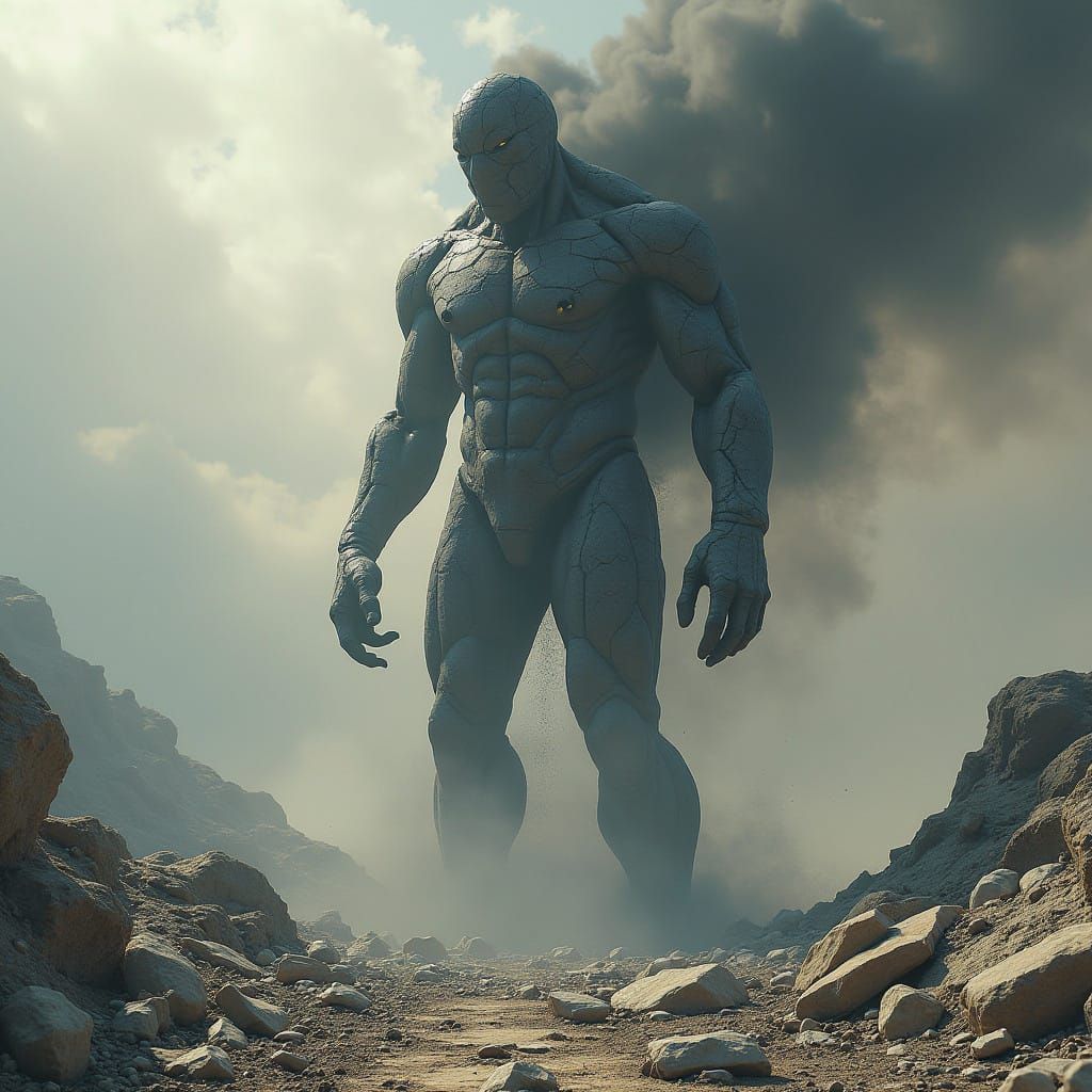 Cracked Stone Figure in Ruins: 3D Digital Art