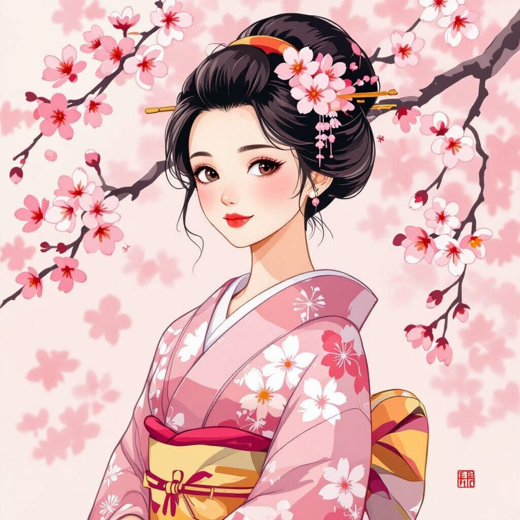 Japanese Princess Caricature in Watercolor Style