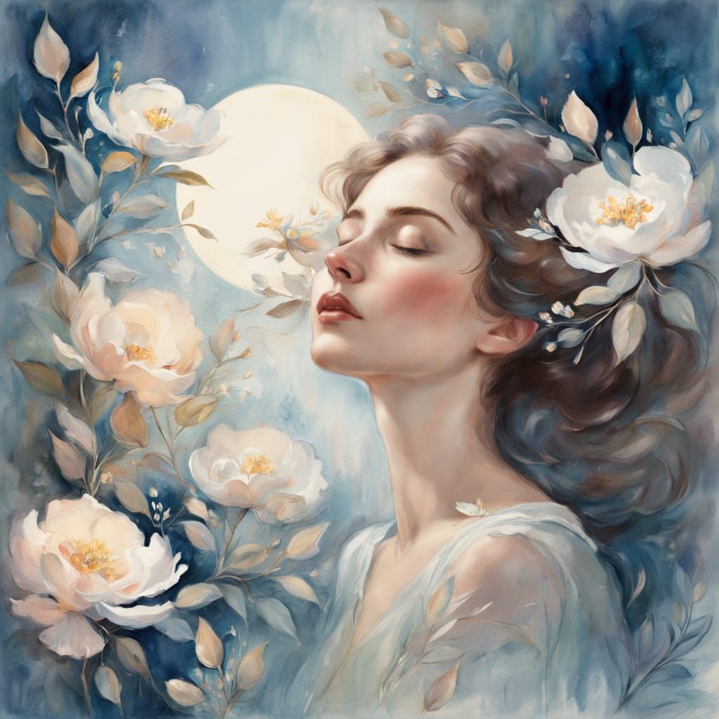 Woman in a Dreamy Watercolor Landscape