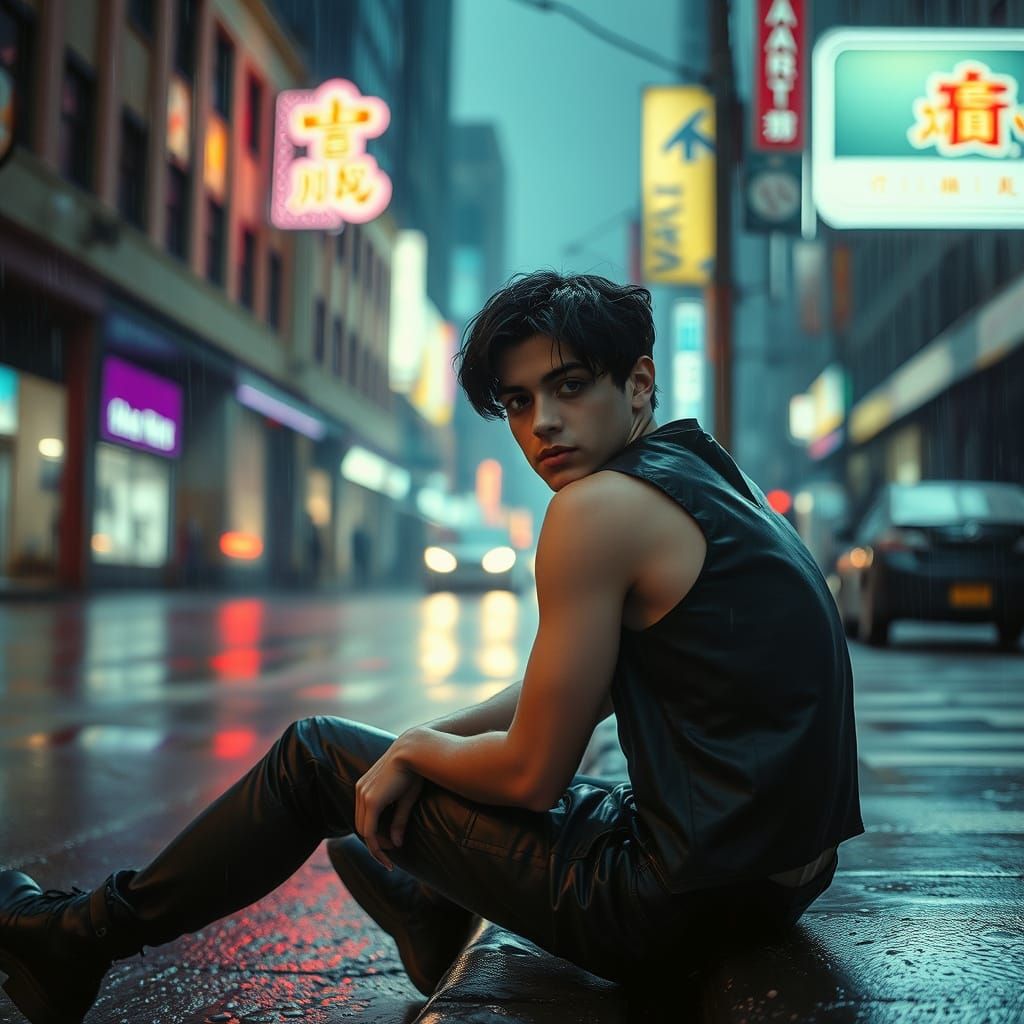 Cyberpunk Cityscape: Man in Rain, Neon Reflections