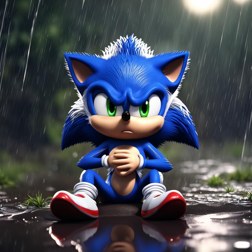 Sad Chibi Sonic in Rain: Fantasy Concept Art