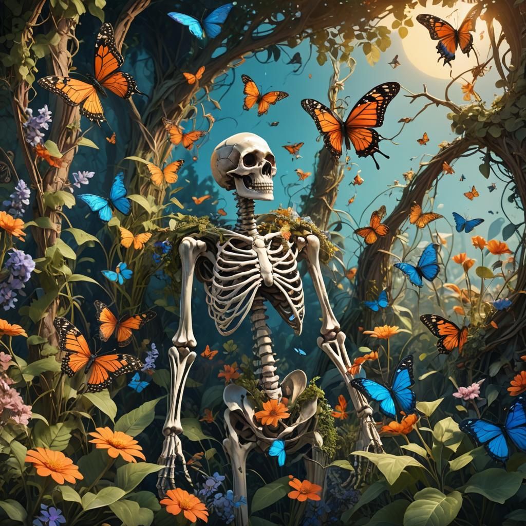 Skeletons in Overgrown Plants with Butterflies
