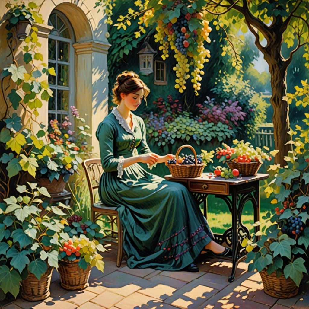 Serene Garden Oasis with Lush Greenery and Fruits, Woman Sew...