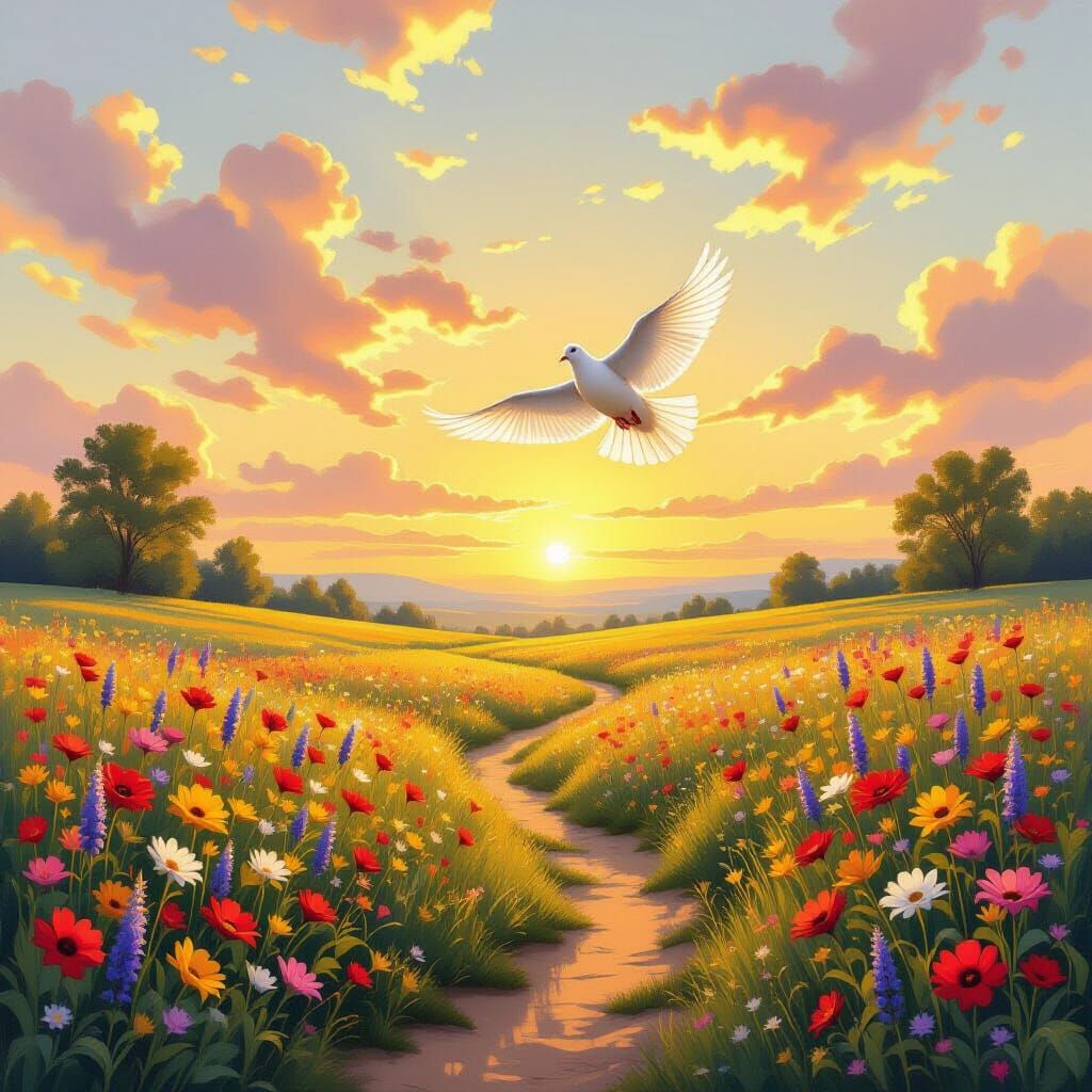 White Dove Soars into Dawn Over Wildflower Field