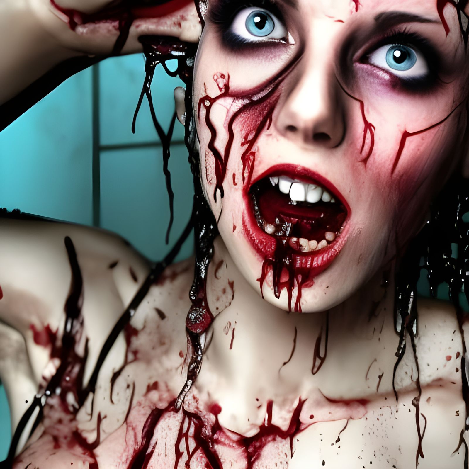 Female zombie taking time to shower off a little blood