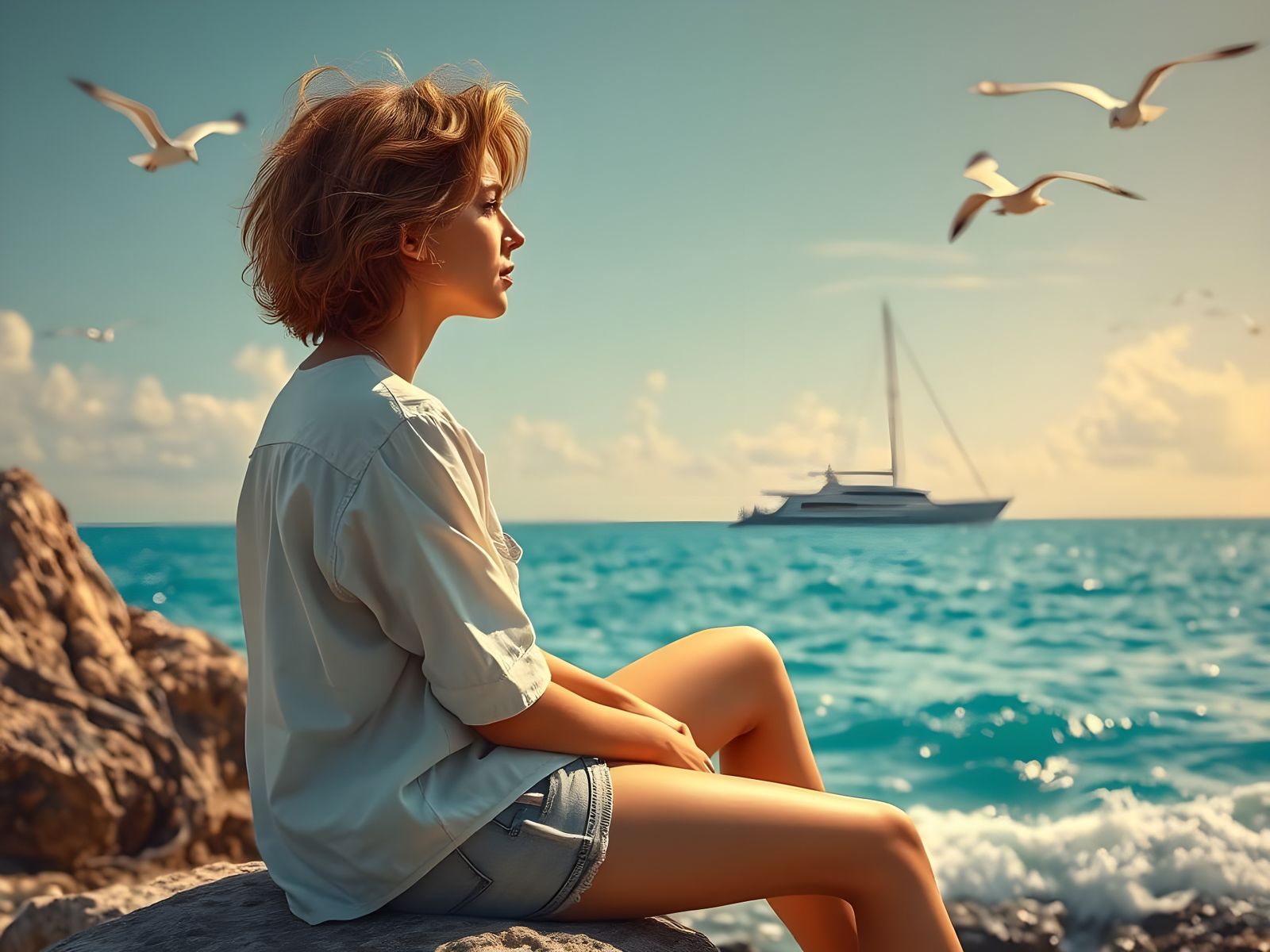 Contemplative Woman Gazing at Yacht, Hyperrealistic Style