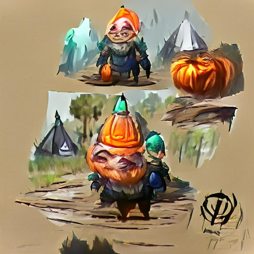 Whimsical Pumpkin Head Gnome in Fantasy Style