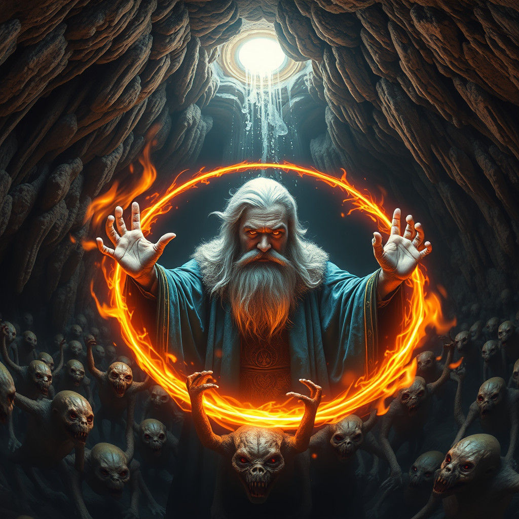 Old Wizard Conjures Flames in Skeleton-Filled Cave