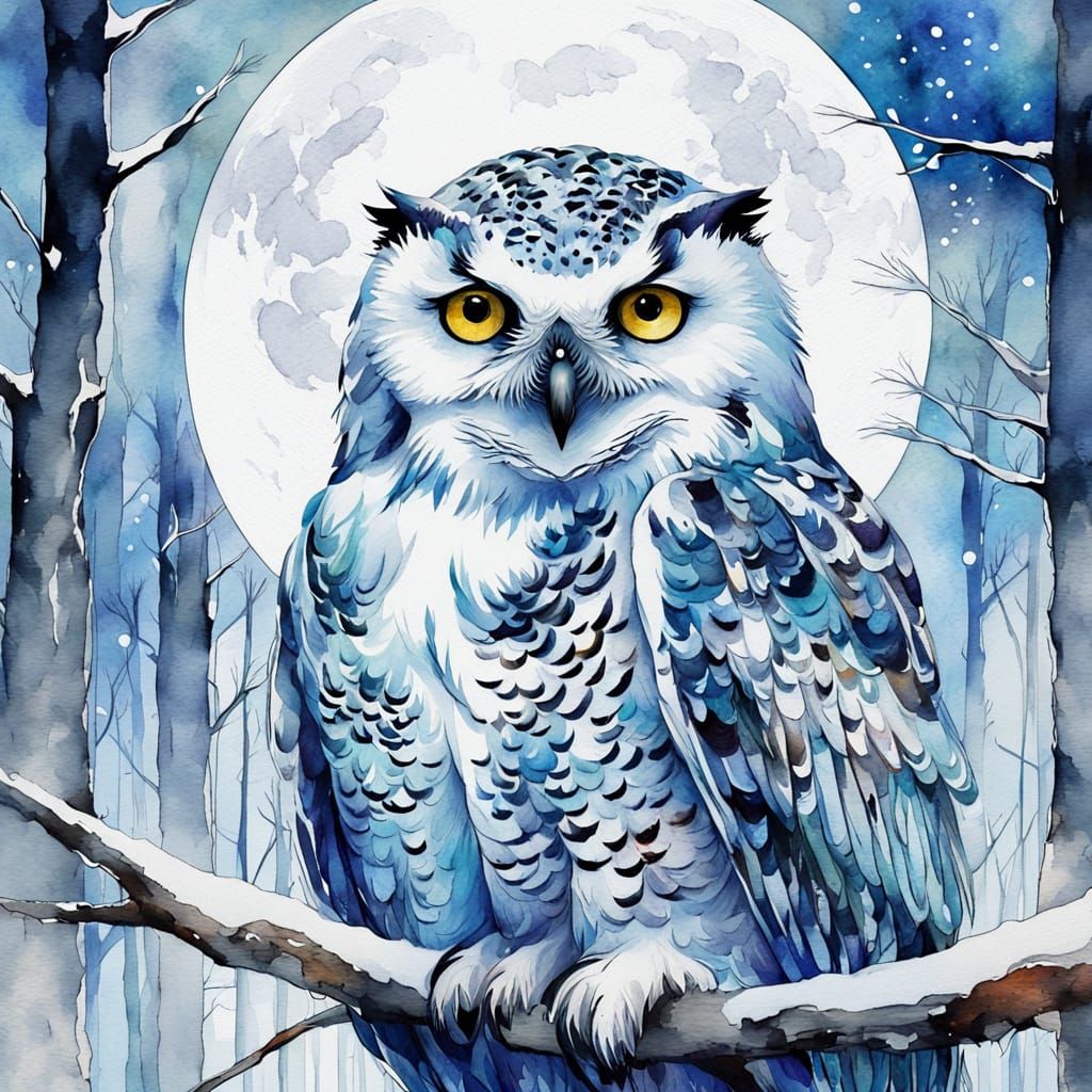 Serene Snowy Owl under a Silver Moonlit Winter Woodland
