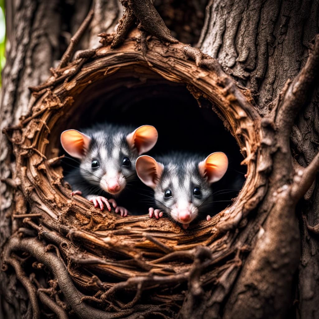 Cute Fluffy Possums in a Tree: Hyperrealistic Image