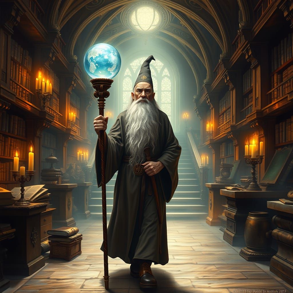 Wizard in Mystical Library: Fantasy Concept Art