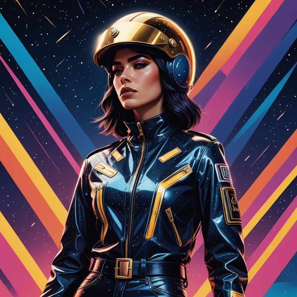Glamorous Starpilot Rides Neon Rocket Through the Cosmos