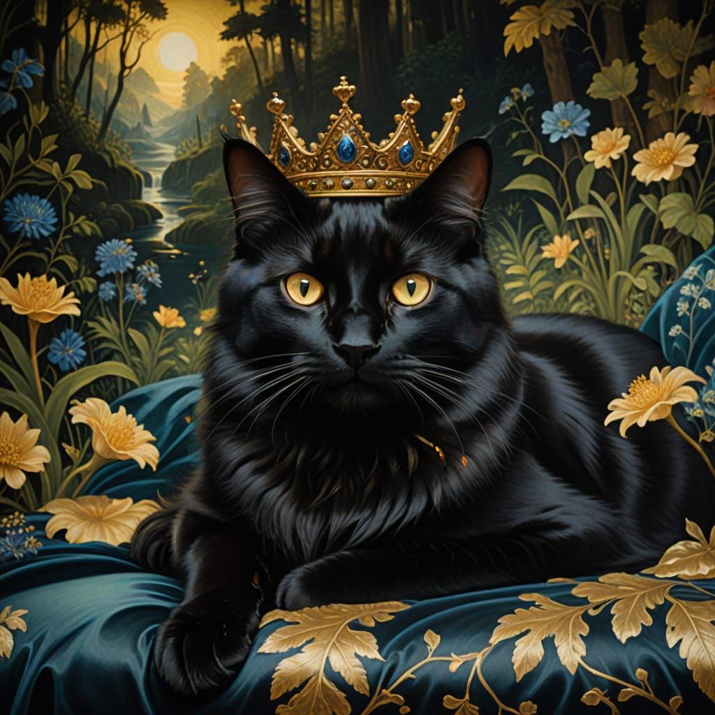 Black Cat Crowned, Bioluminescent Forest in Renaissance Styl...
