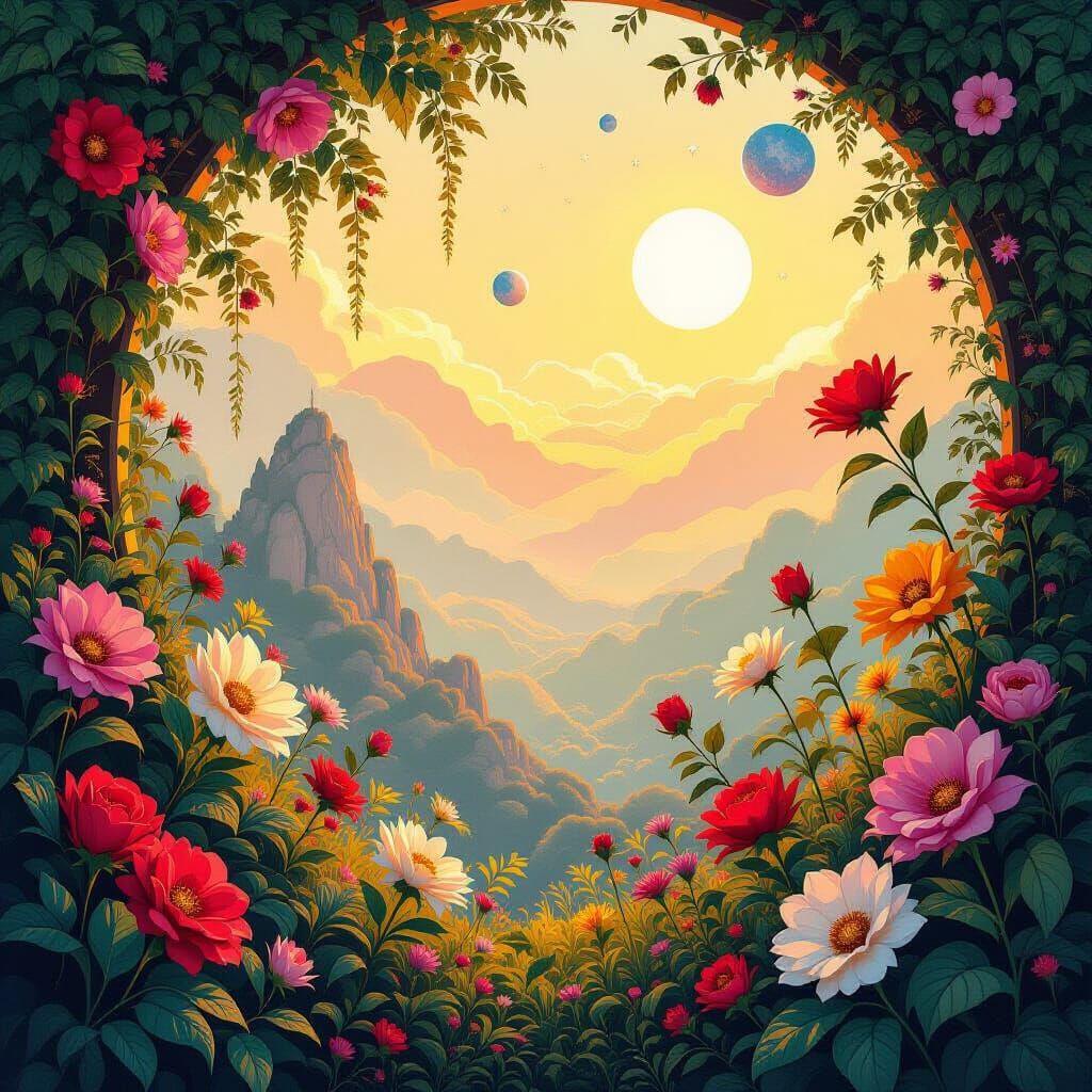 Ethereal Fantasy Art: Blooming Flora & Celestial Day