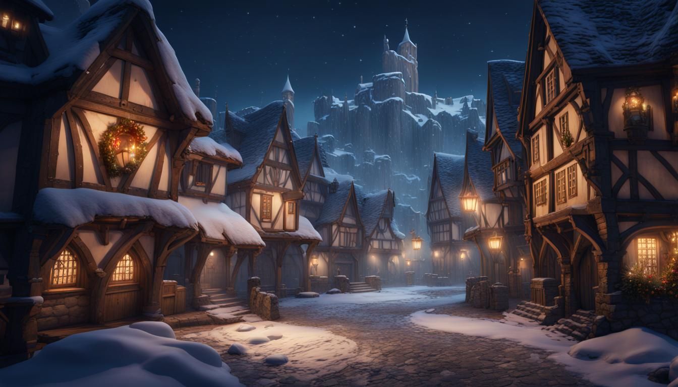 Snowy Medieval Town at Winter Night: Detailed Matte Painting
