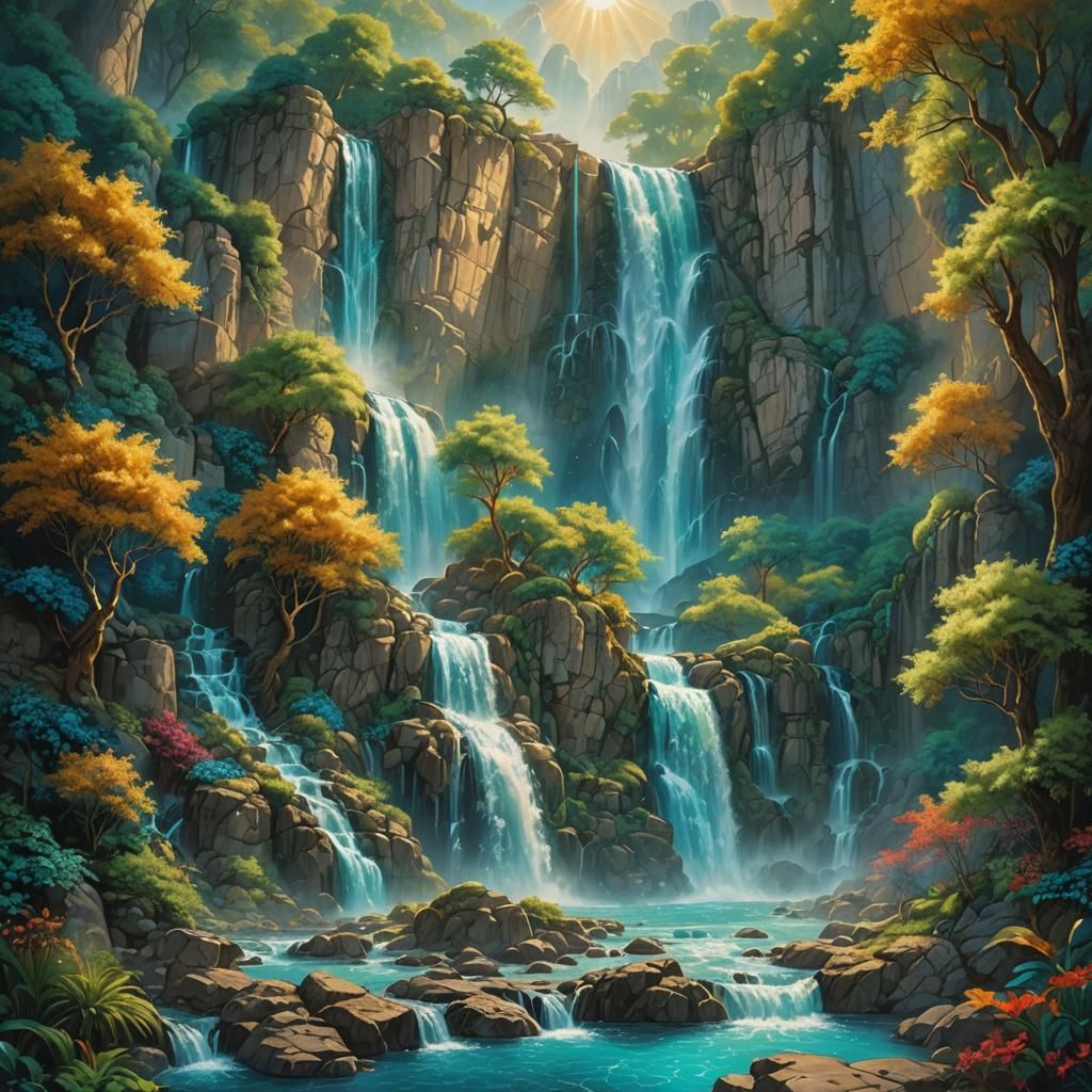 Heavenly Waterfall in Persian Miniature Style