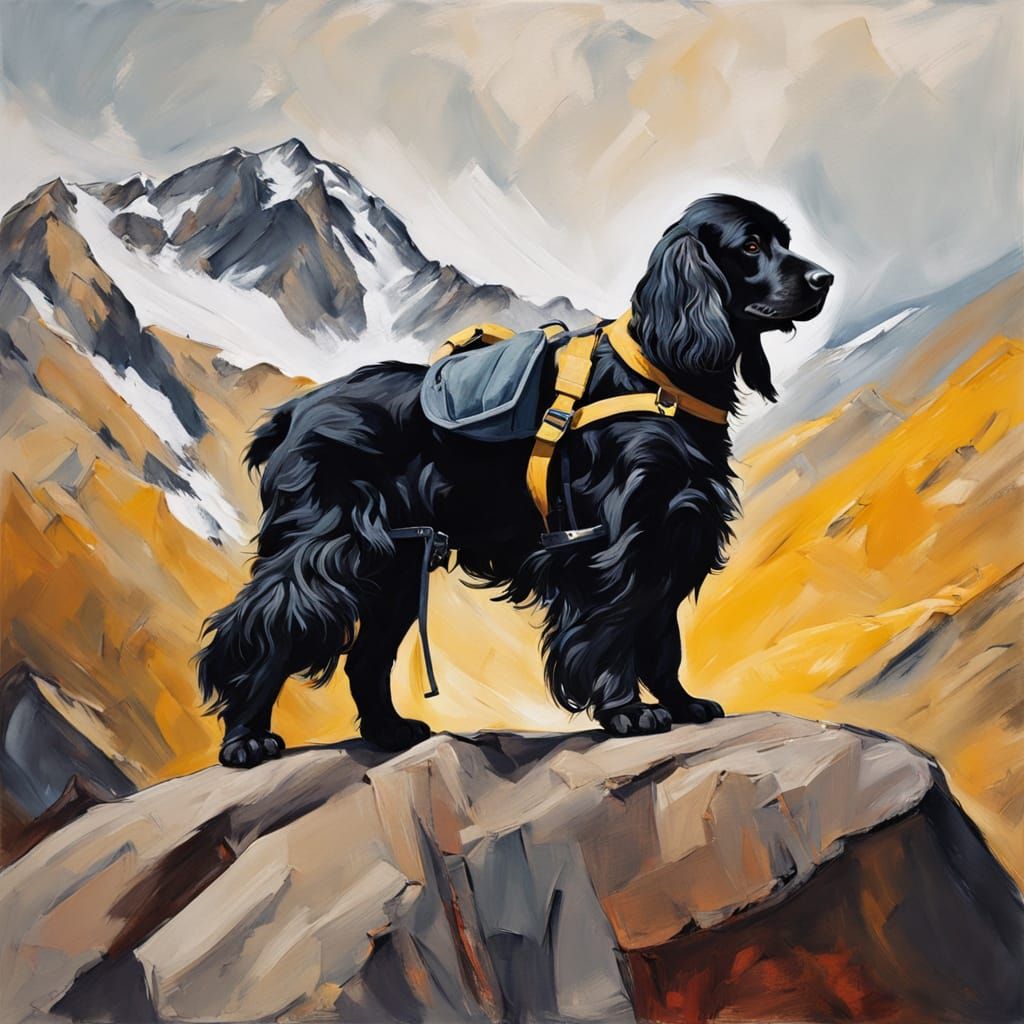 Majestic Black Cocker Spaniel Conquers the Mountain in Vibra...