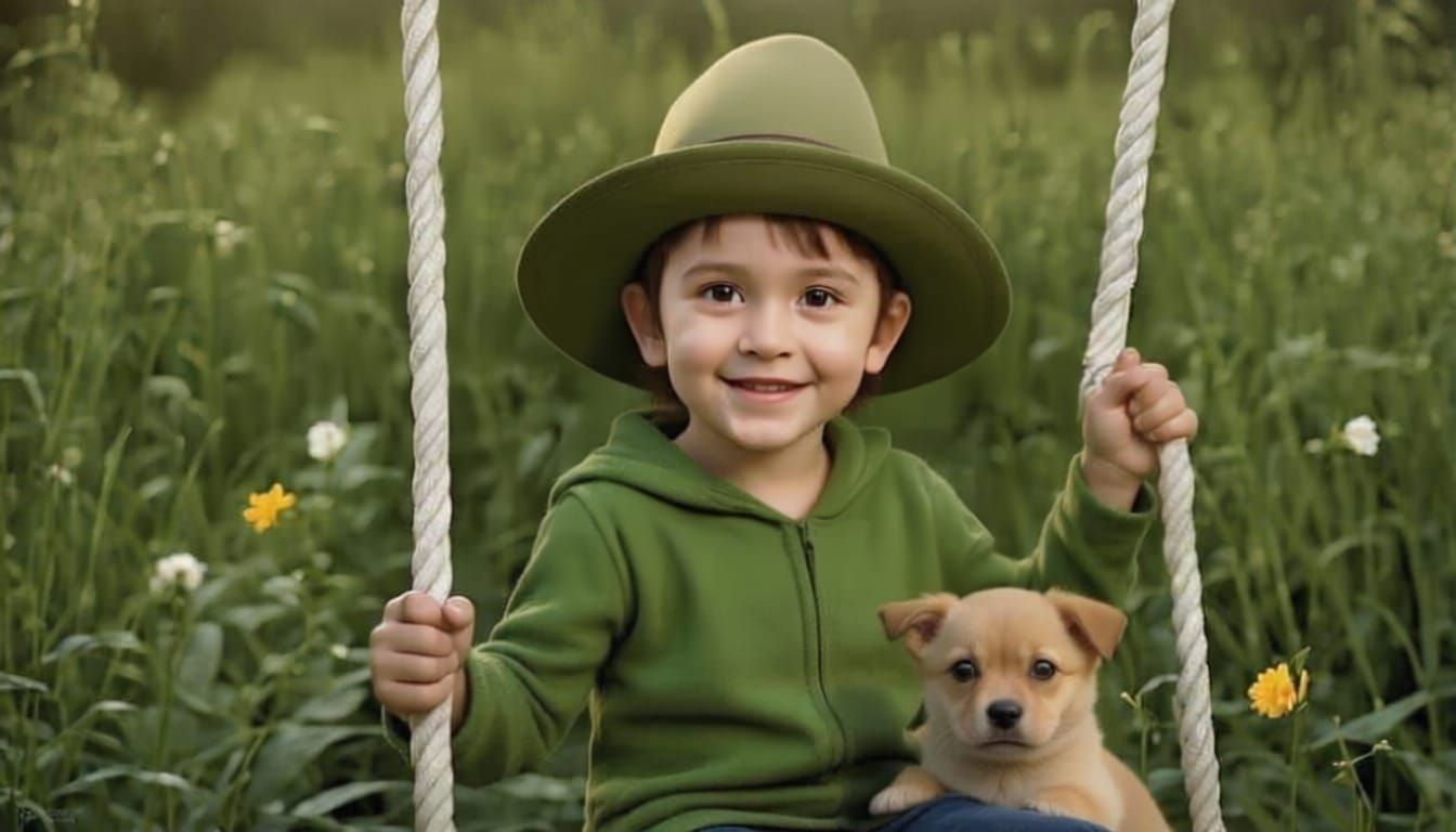 Joyful Child Laughing on Swing in Lush Garden
