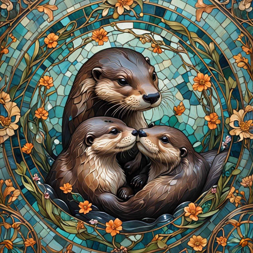 Playful Otters in Art Nouveau Style