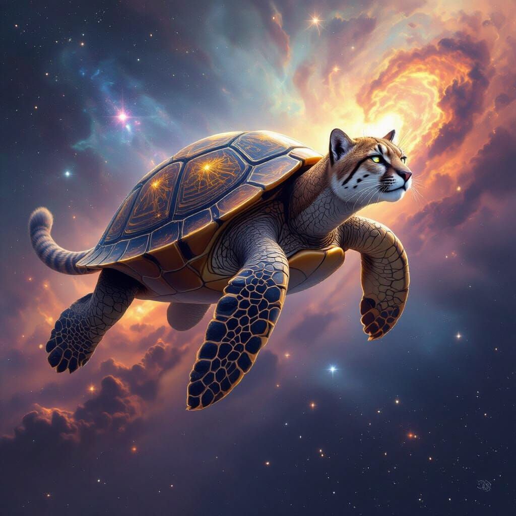 Cosmic Turtle-Cougar Hybrid in Space Nebula