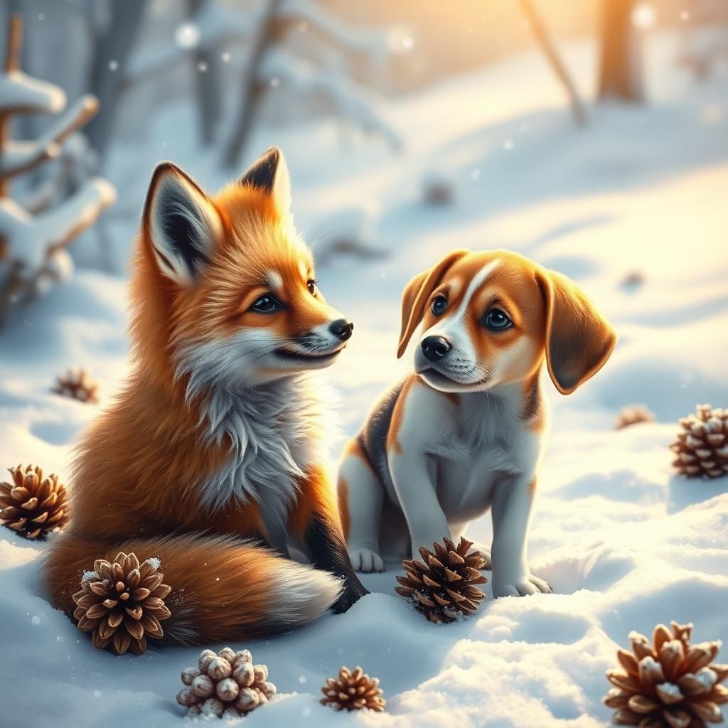 Fox and Hound Puppies Frolic in Winter Landscape