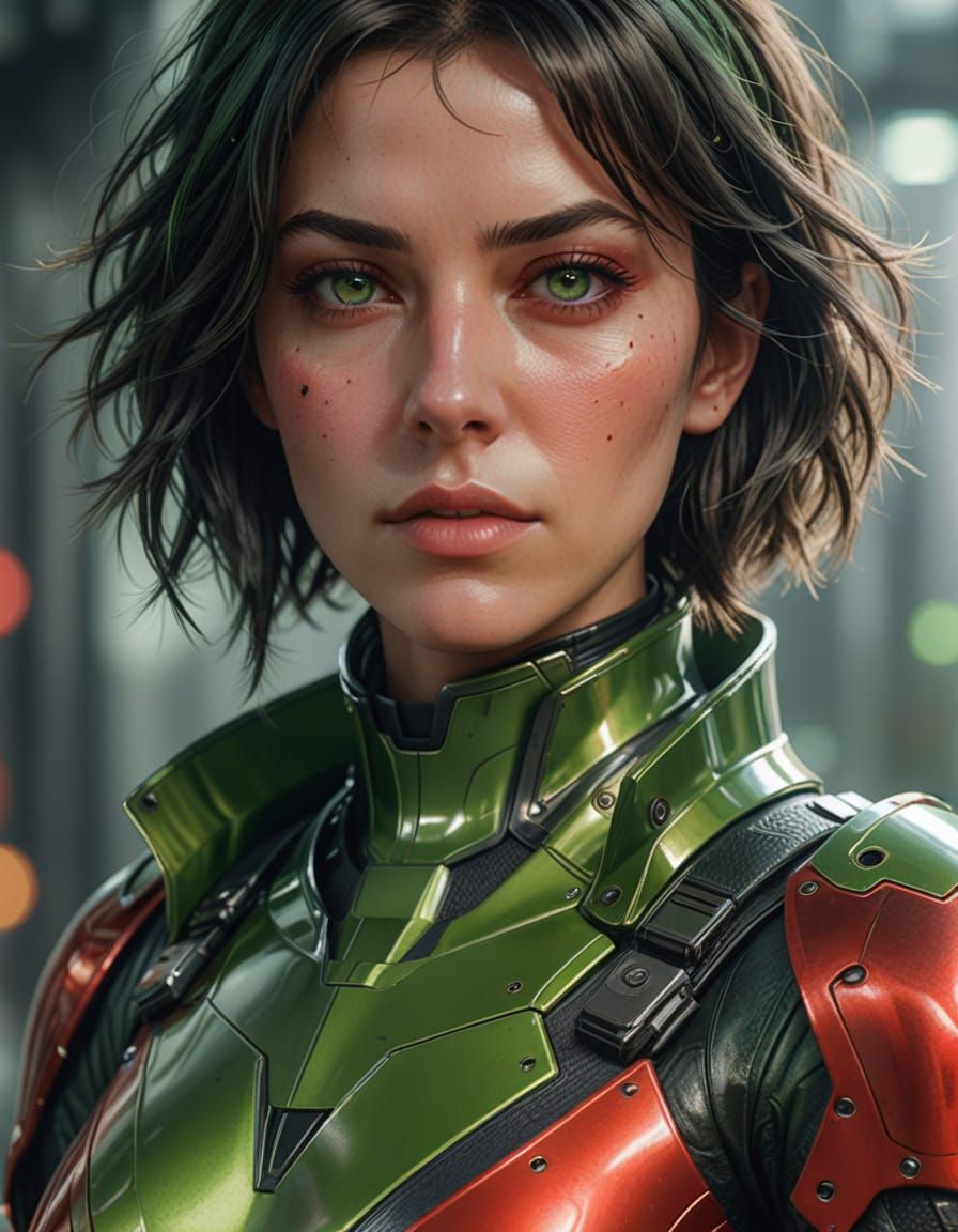 A girl wearing a green mecha suit