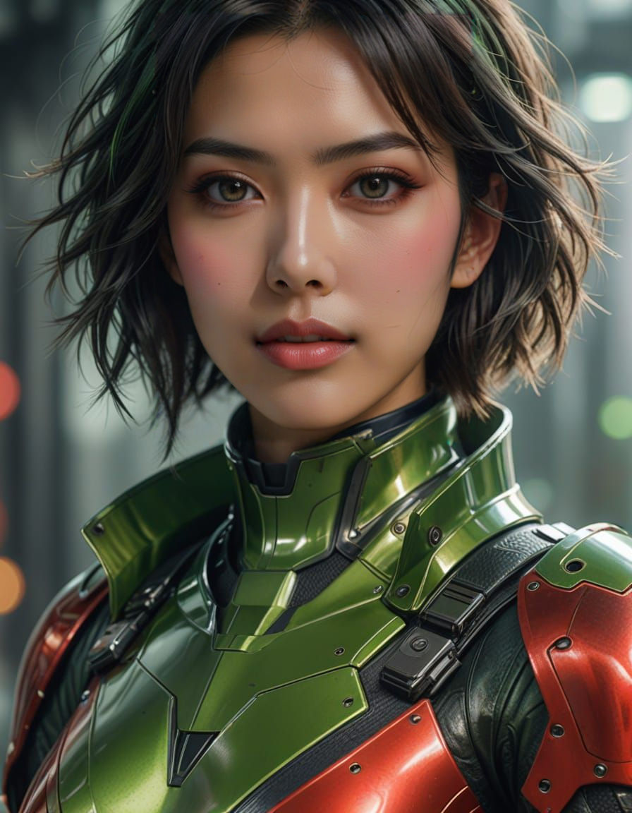 A girl wearing a green mecha suit
