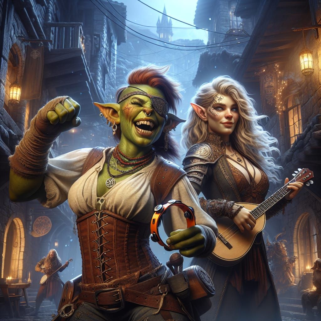 Fantasy City Nightlife with Adventurer and Bard