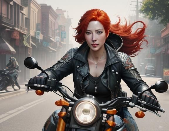 Redhead Biker Girl Portrait in Watercolor Style