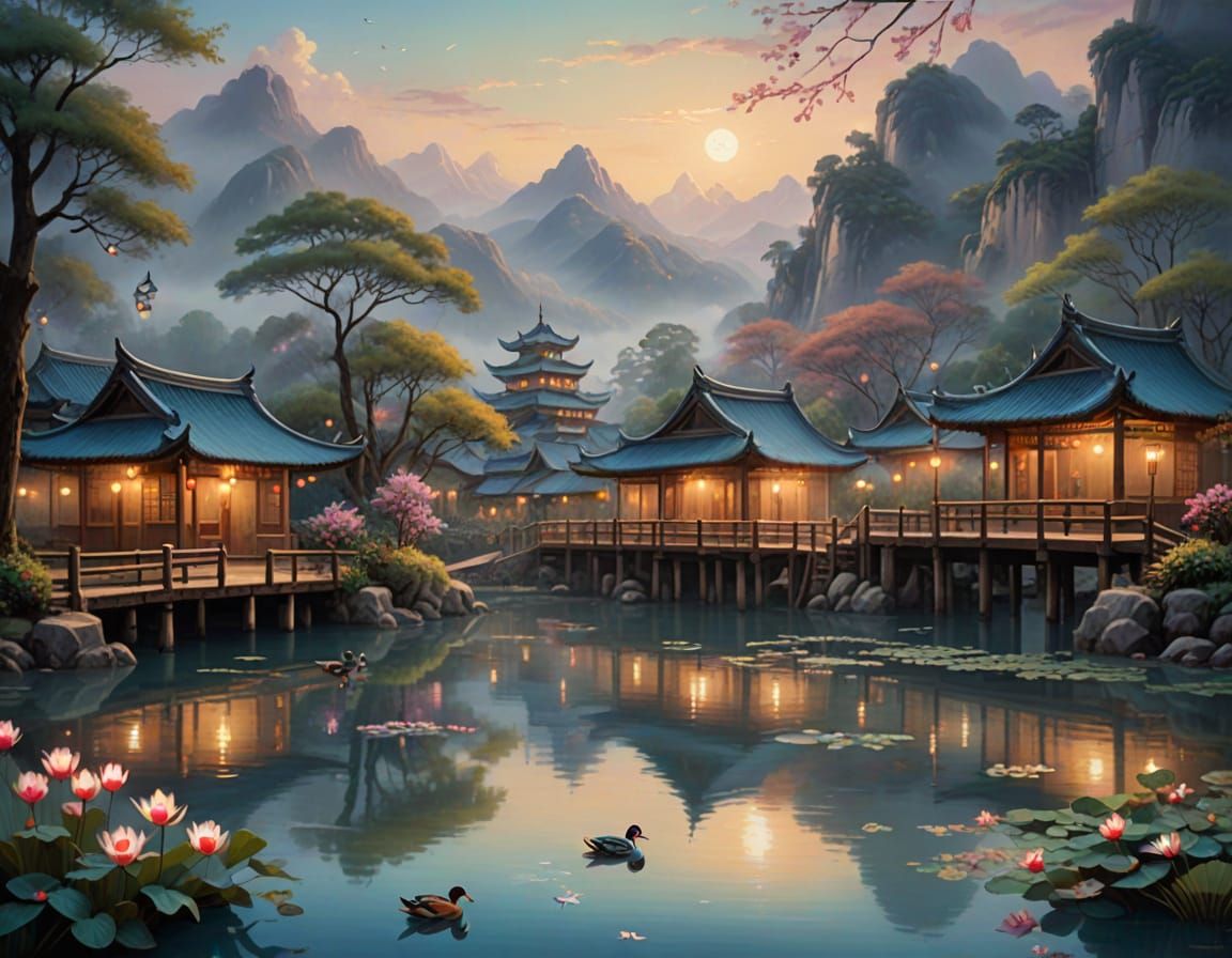 Dreamy Oriental Village at Dusk