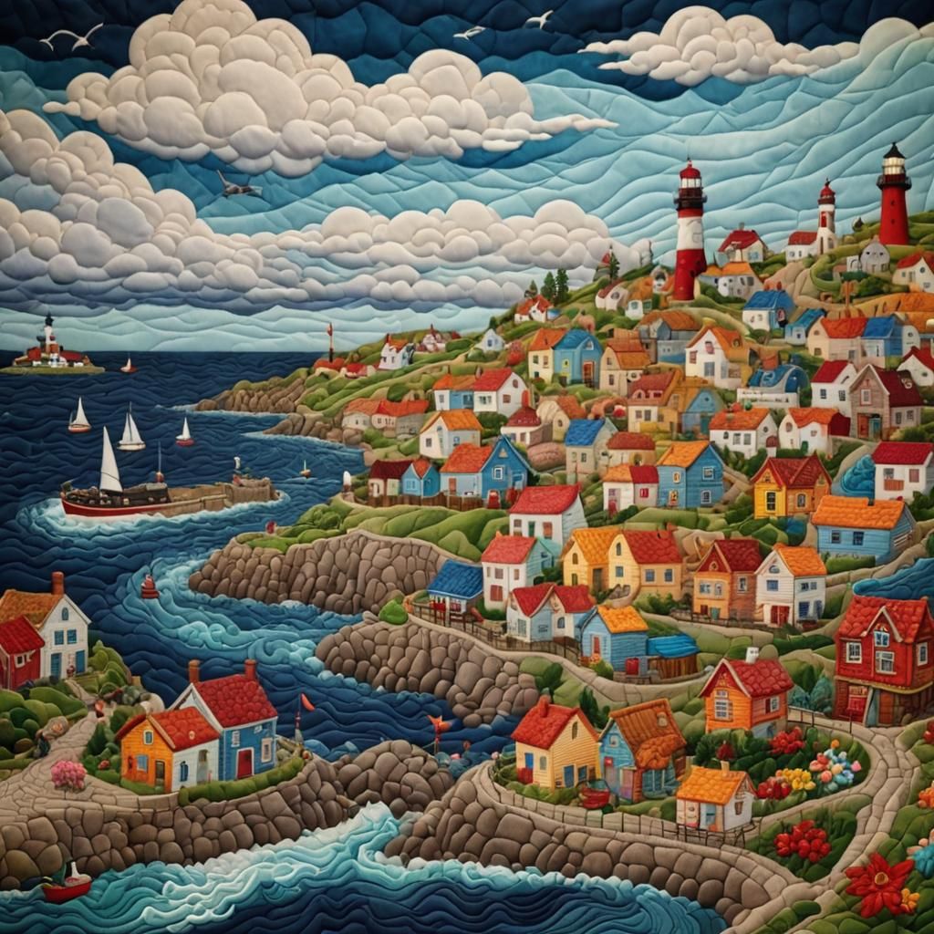 Quilted Fishing Village Blanket with Lighthouse