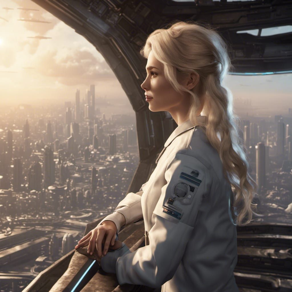 Blonde Scientist Watches Starship Over City Planet