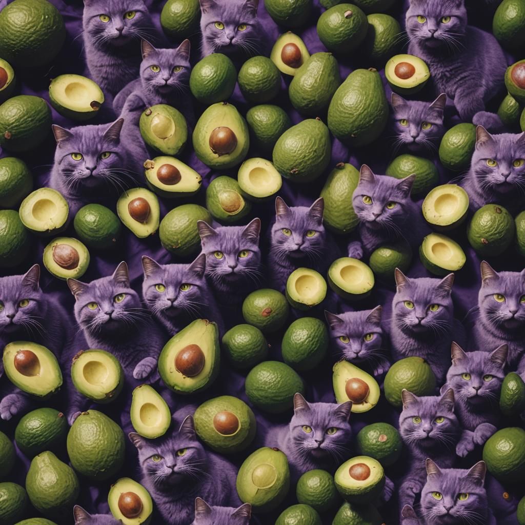 Purple Cats Feast on Avocados: A Cinematic Still