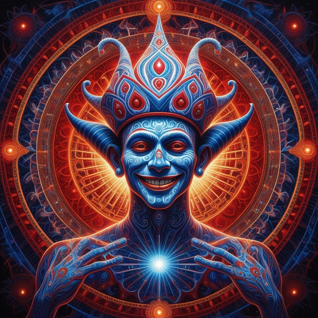 Psychedelic Jester in Cosmic Rave, Alex Grey Style