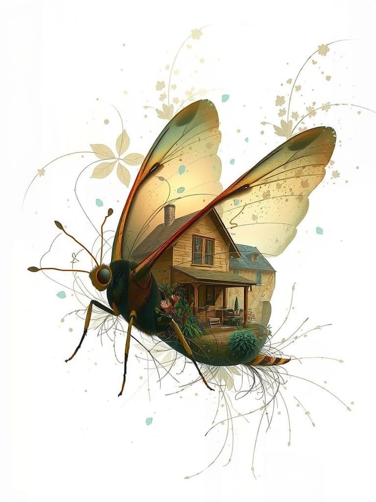 A delicate moth in soft focus, overlapping a rustic old farm...