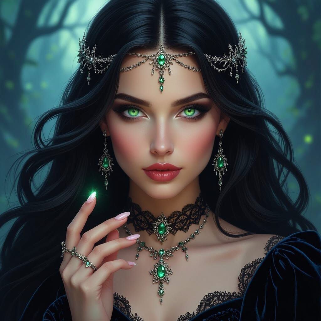 Captivating Enchantress in Moonlit Forest, Pre-Raphaelite St...