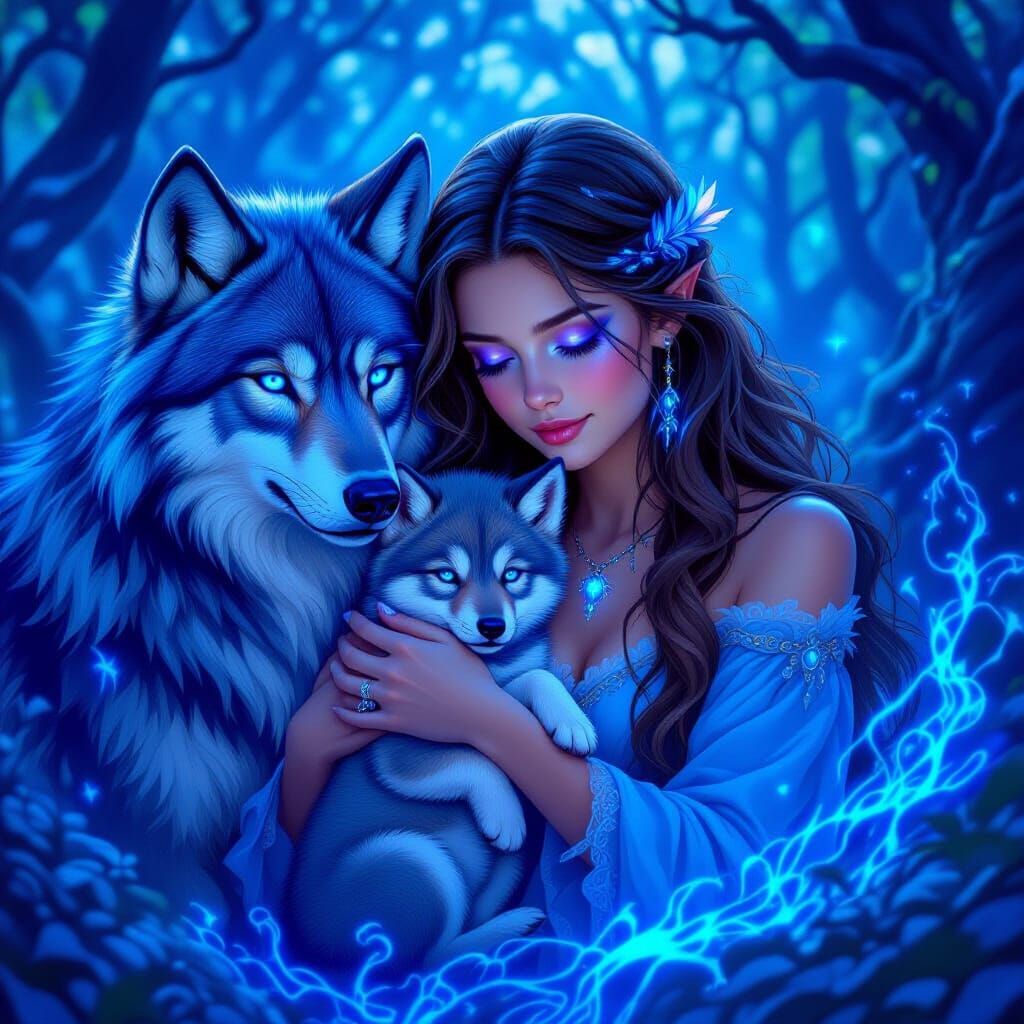 Magical Forest Scene: Woman and Glowing Dire Wolves