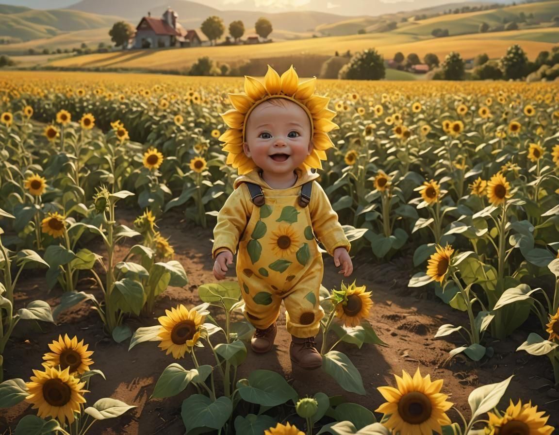 Pixar-Style Baby in Sunflower Costume on Farm